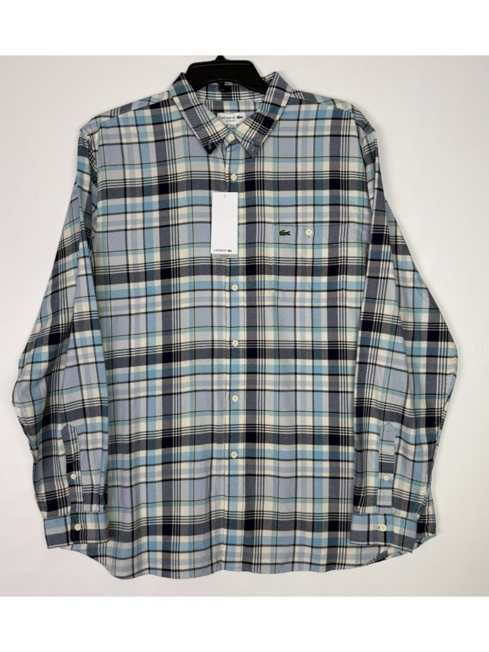 Lacoste Button Down Shirt Mens Size 2XL / XXL Light Blue Plaid Cotton NEW $125